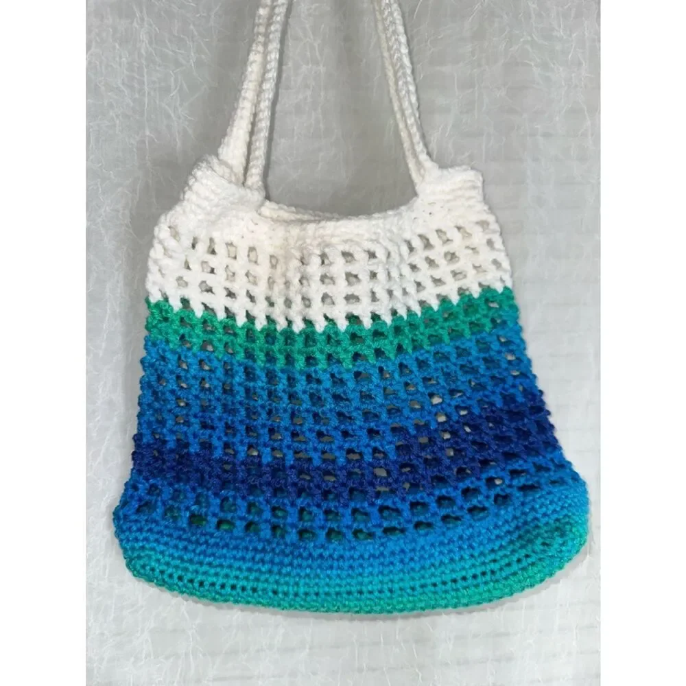Handmade Crochet White Shades of Blue Green Small Fishnet Market Tote